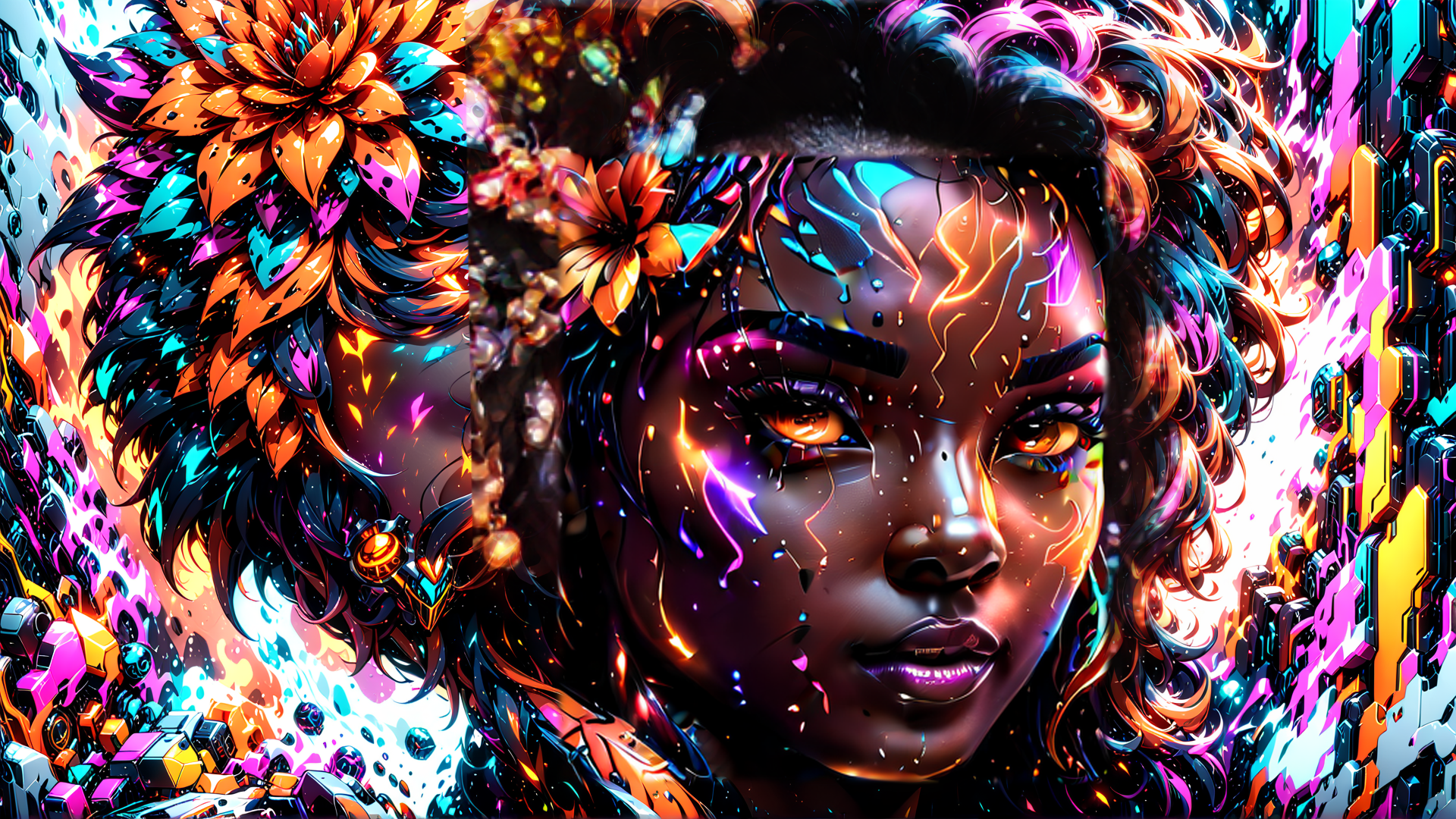 AI generated wallpaper featuring woman, flowers, cybernetics