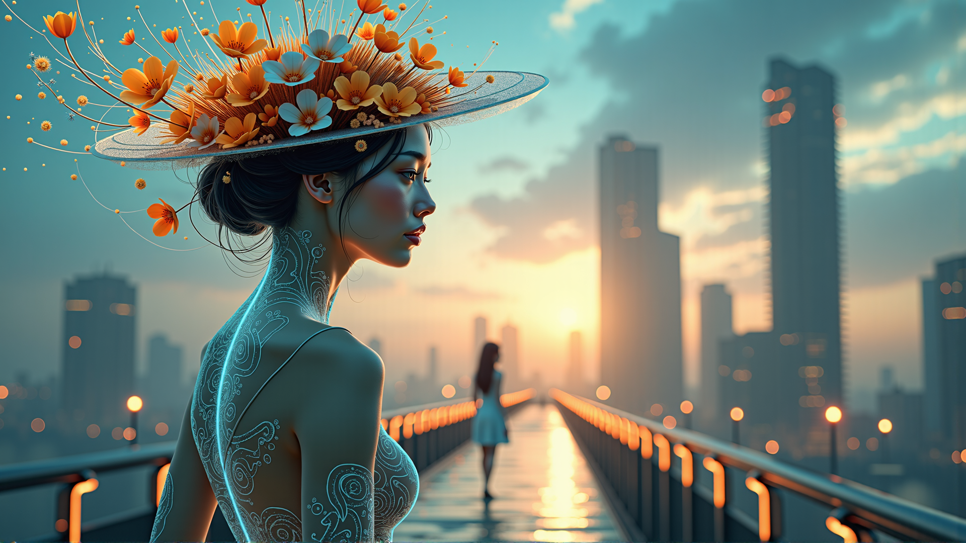 AI generated wallpaper featuring woman, flowers, cityscape, bridge, sunset