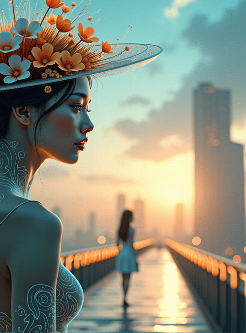 woman, flowers, cityscape, bridge, sunset