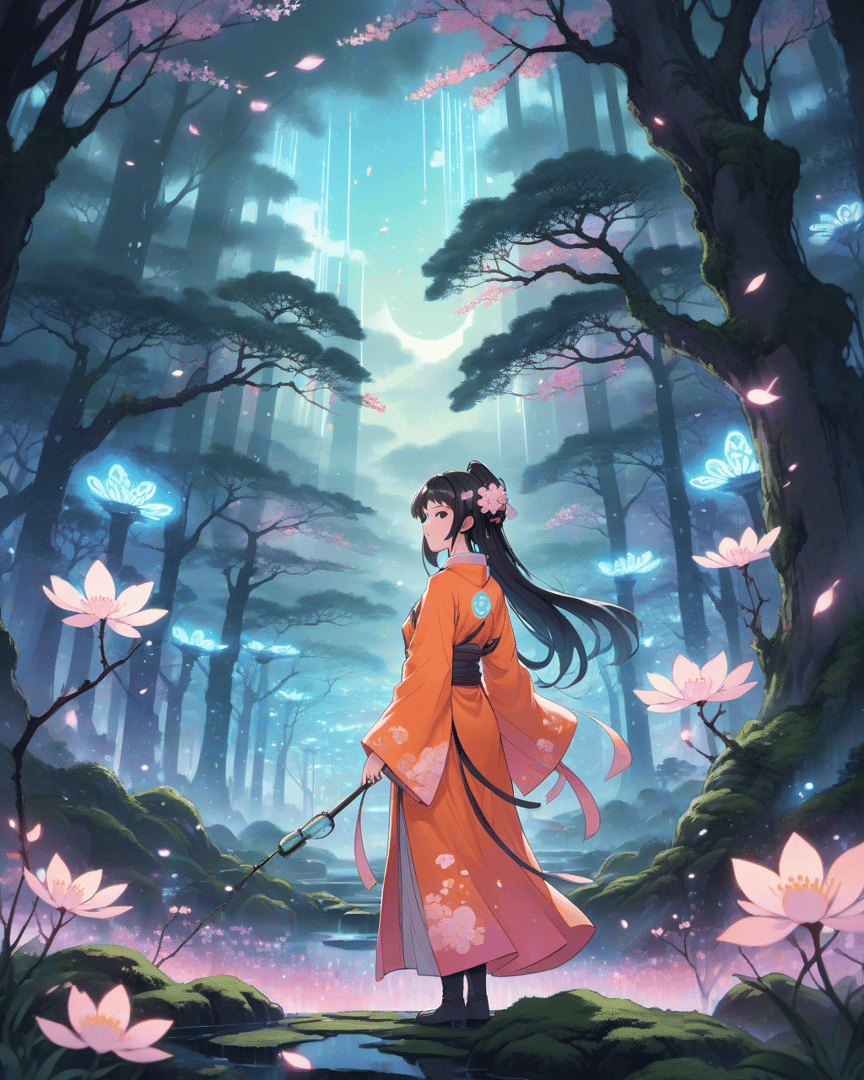 AI generated wallpaper featuring girl, forest, butterfly