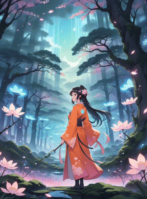 girl, forest, butterfly