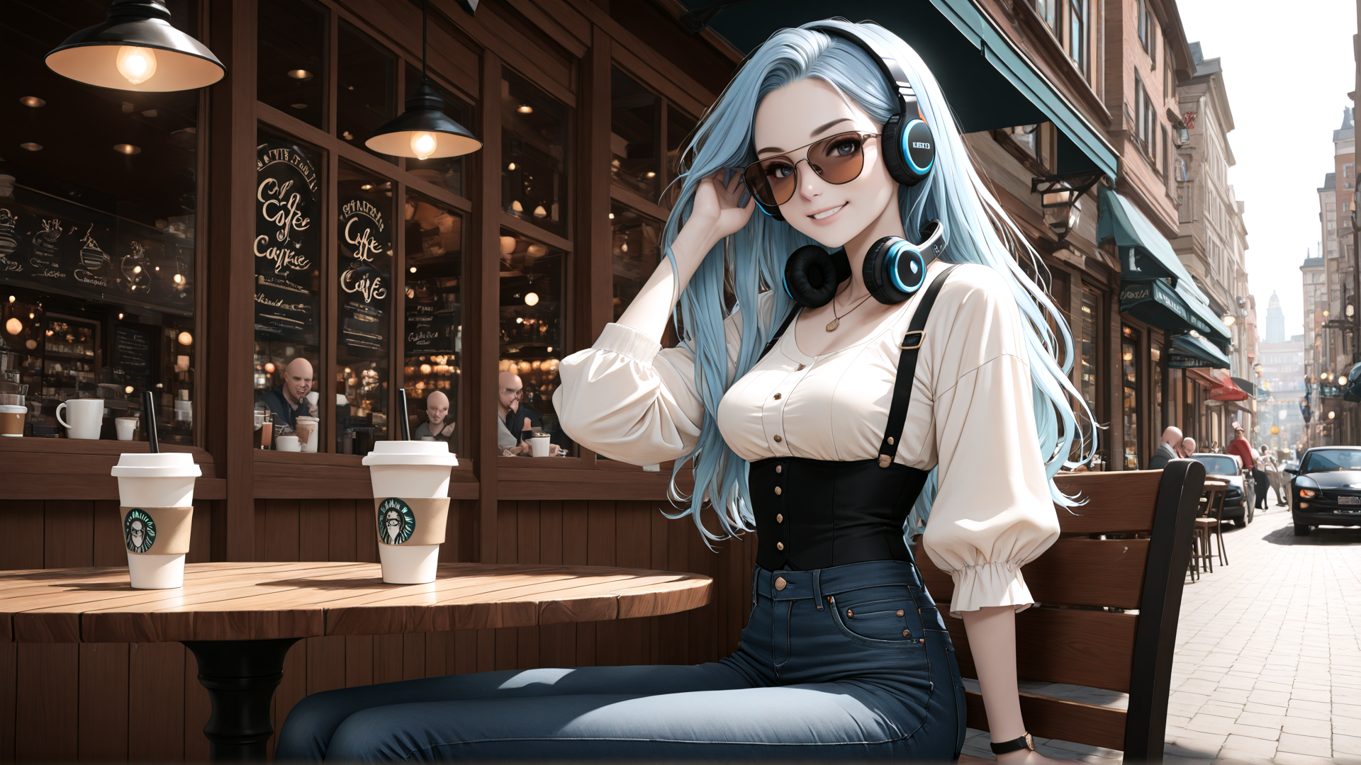 AI generated wallpaper featuring woman, coffee shop, street, headphones, sunglasses, cup, bench, building, car, street lamp