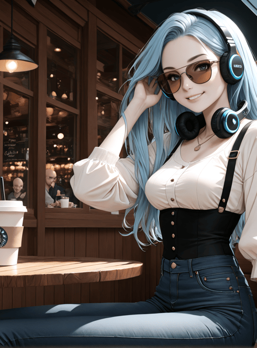 woman, coffee shop, street, headphones, sunglasses, cup, bench, building, car, street lamp