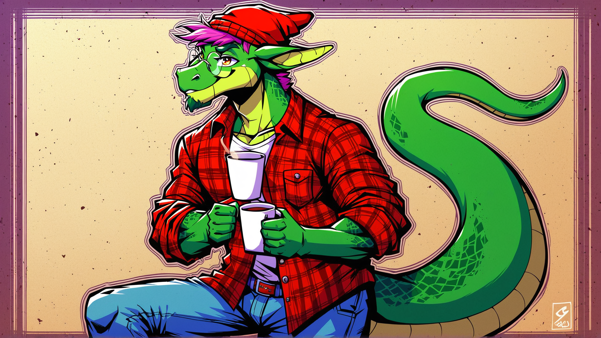 AI generated wallpaper featuring dragon, human, tail, cup, shirt, jeans, hat, glasses, hair, art