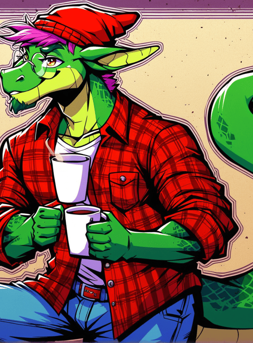 dragon, human, tail, cup, shirt, jeans, hat, glasses, hair, art