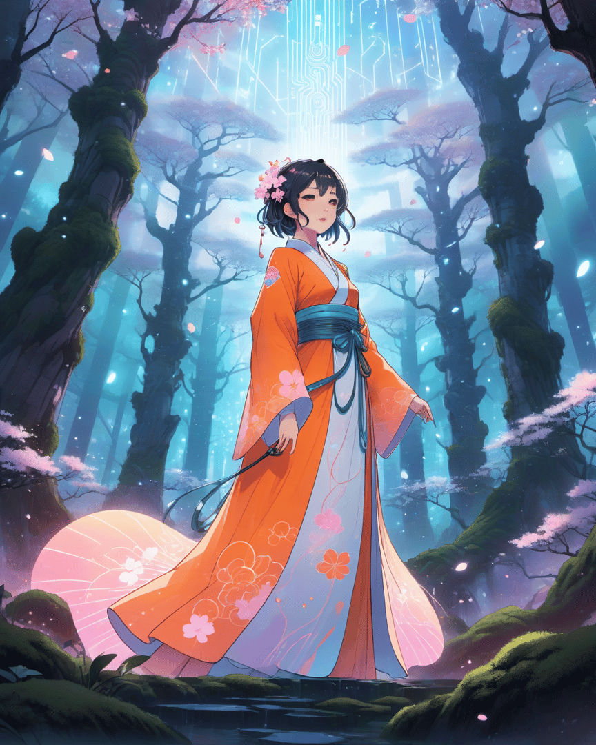 AI generated wallpaper featuring woman, kimono, forest