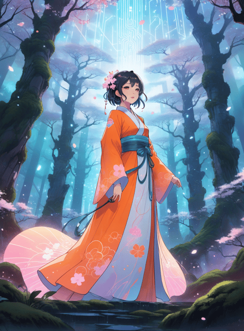 woman, kimono, forest