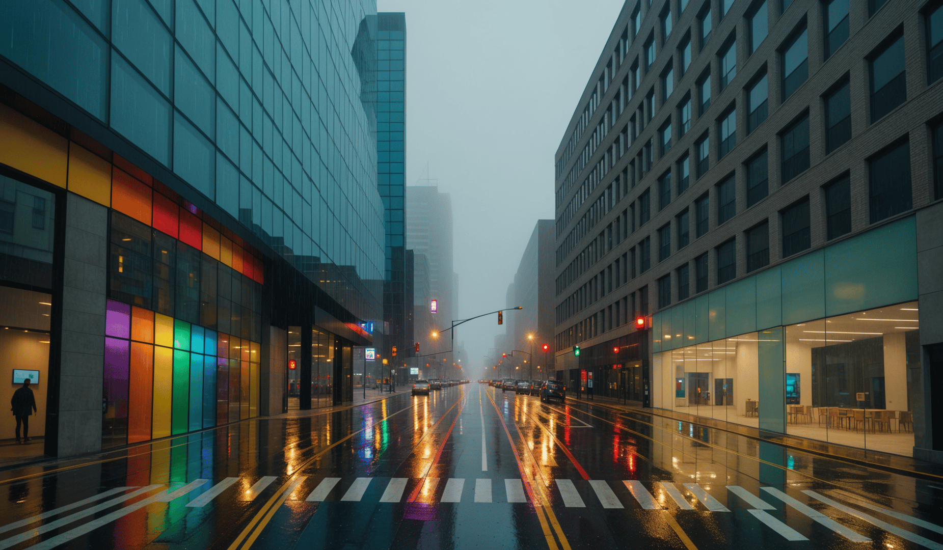 AI generated wallpaper featuring street, building, rain, traffic light, car, pedestrian, window, road, glass, sign