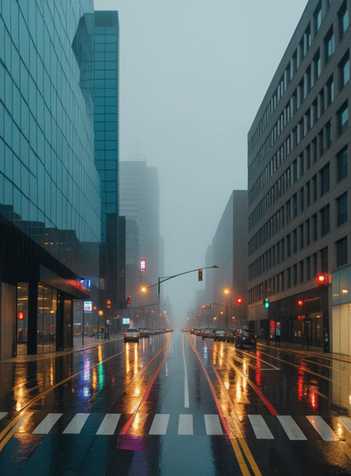 street, building, rain, traffic light, car, pedestrian, window, road, glass, sign