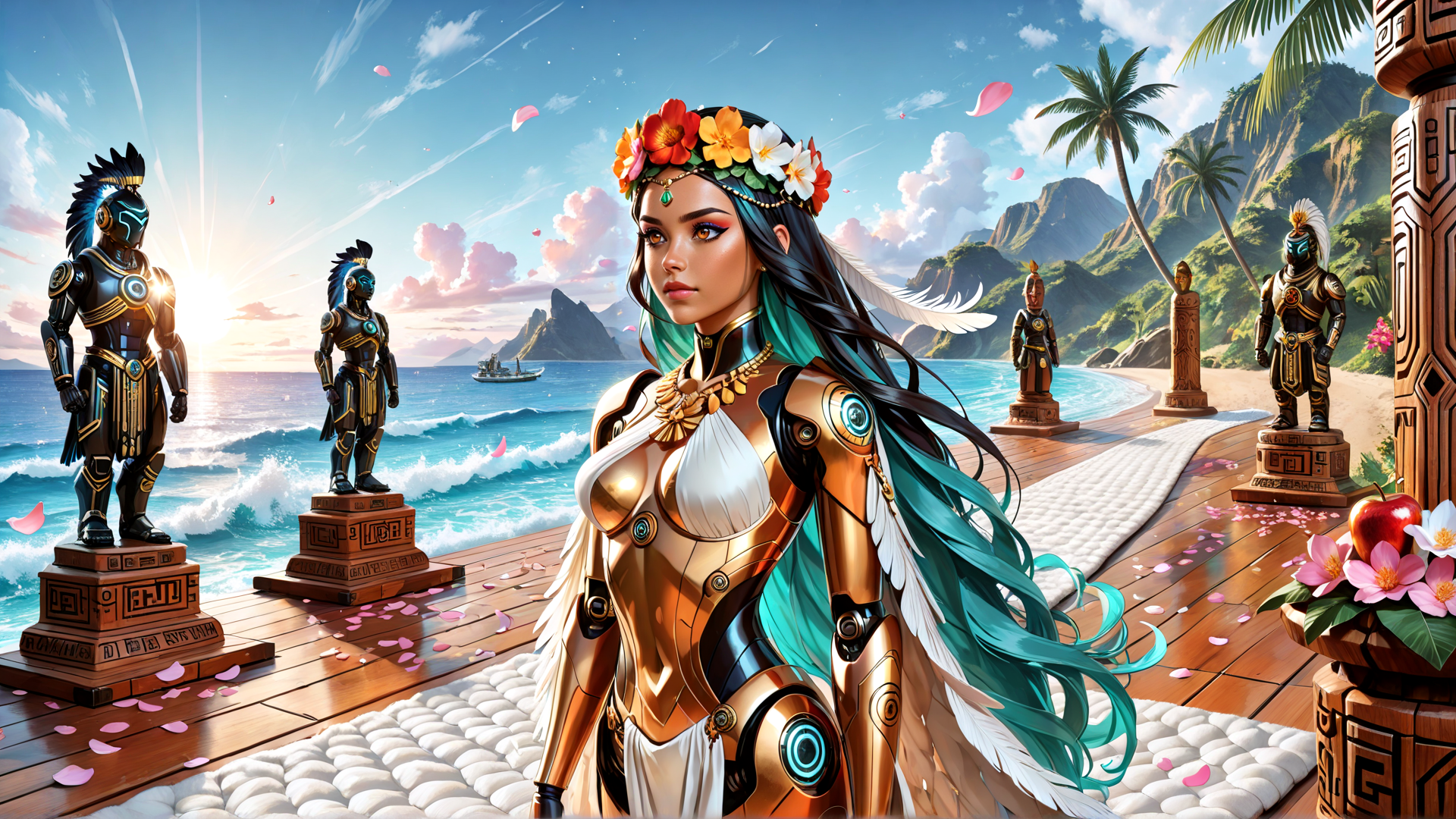 AI generated wallpaper featuring woman, statue, palm tree, ocean, flower, beach, tiki pole, sunset, feather, helicopter