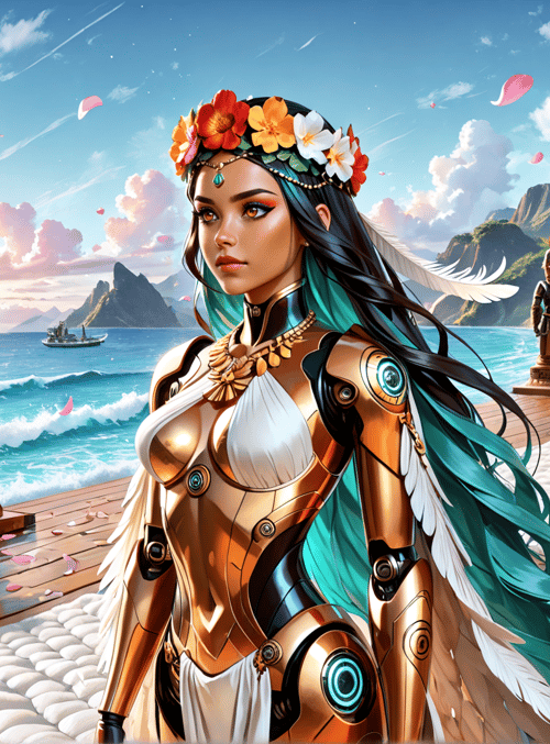 woman, statue, palm tree, ocean, flower, beach, tiki pole, sunset, feather, helicopter