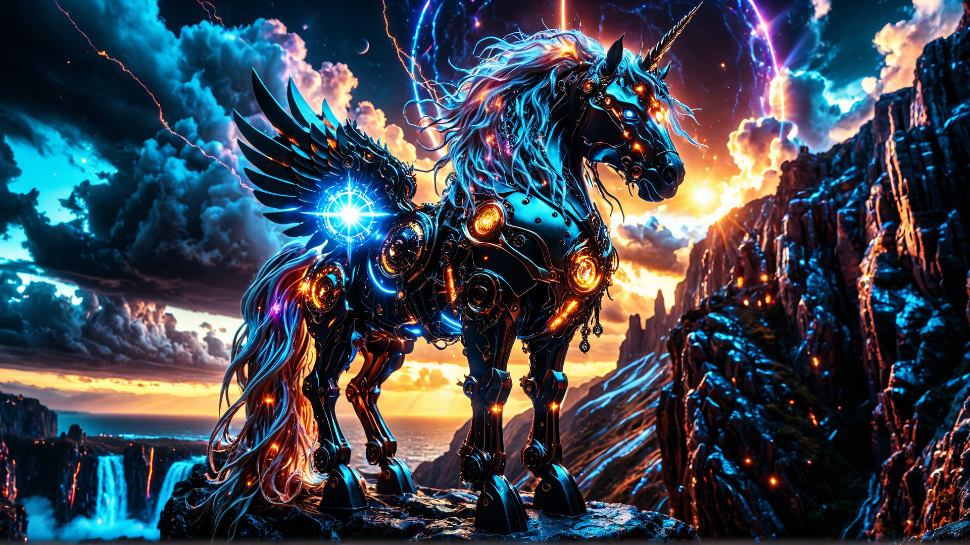 AI generated wallpaper featuring mechanical unicorn, flying horse