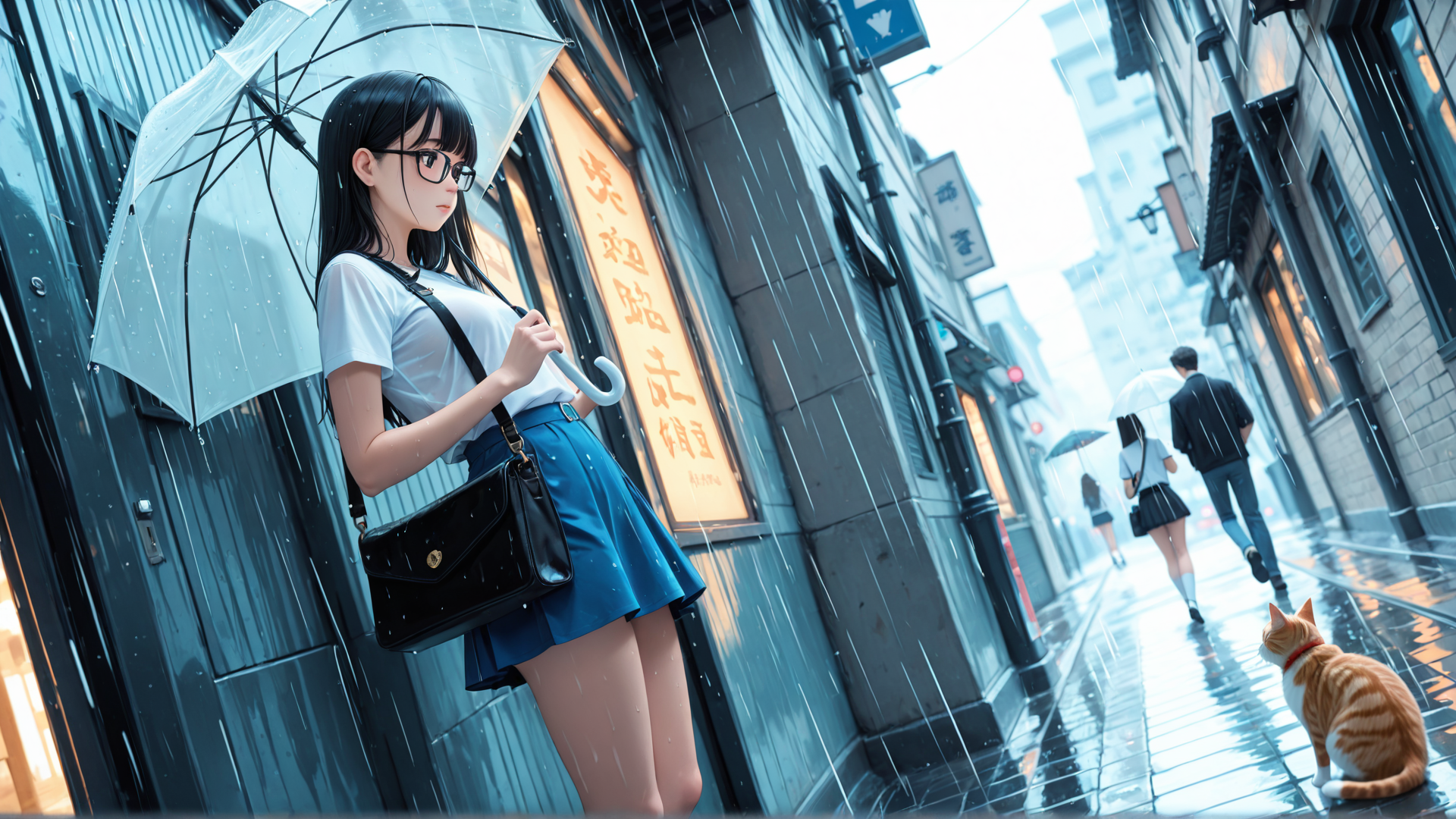 AI generated wallpaper featuring girl, umbrella, cat, street, building
