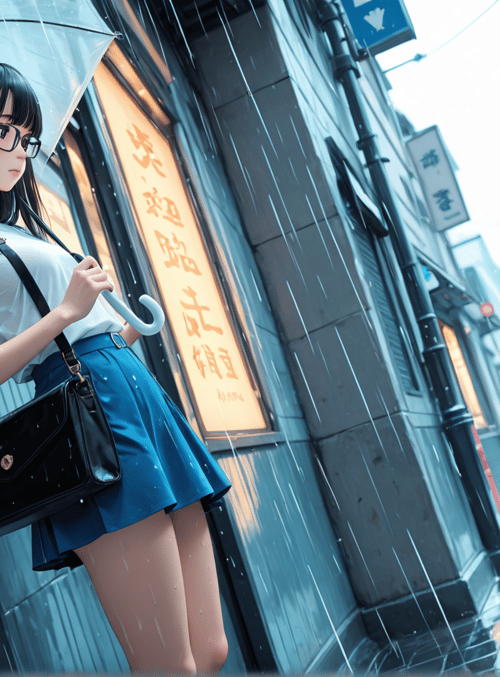 girl, umbrella, cat, street, building