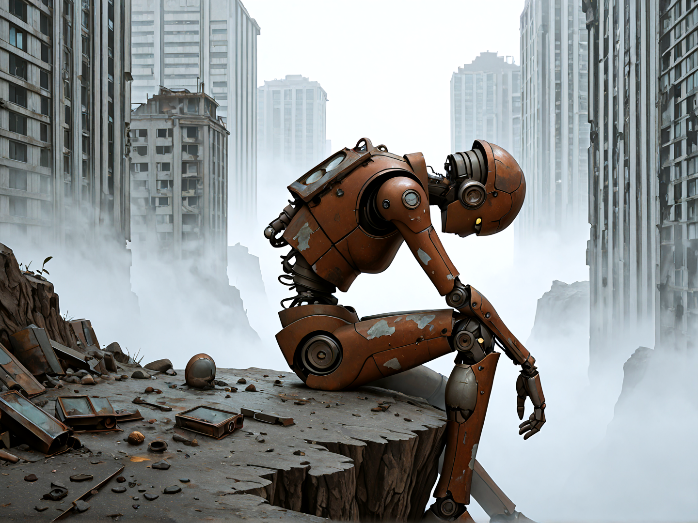 AI generated wallpaper featuring robot, city, ruins, debris, haze, buildings, cliff, dust, shards, gears