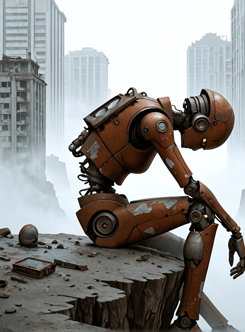 robot, city, ruins, debris, haze, buildings, cliff, dust, shards, gears