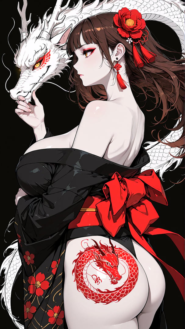 AI generated wallpaper featuring woman, dragon, kimono, flower, tattoo