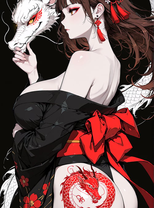 woman, dragon, kimono, flower, tattoo