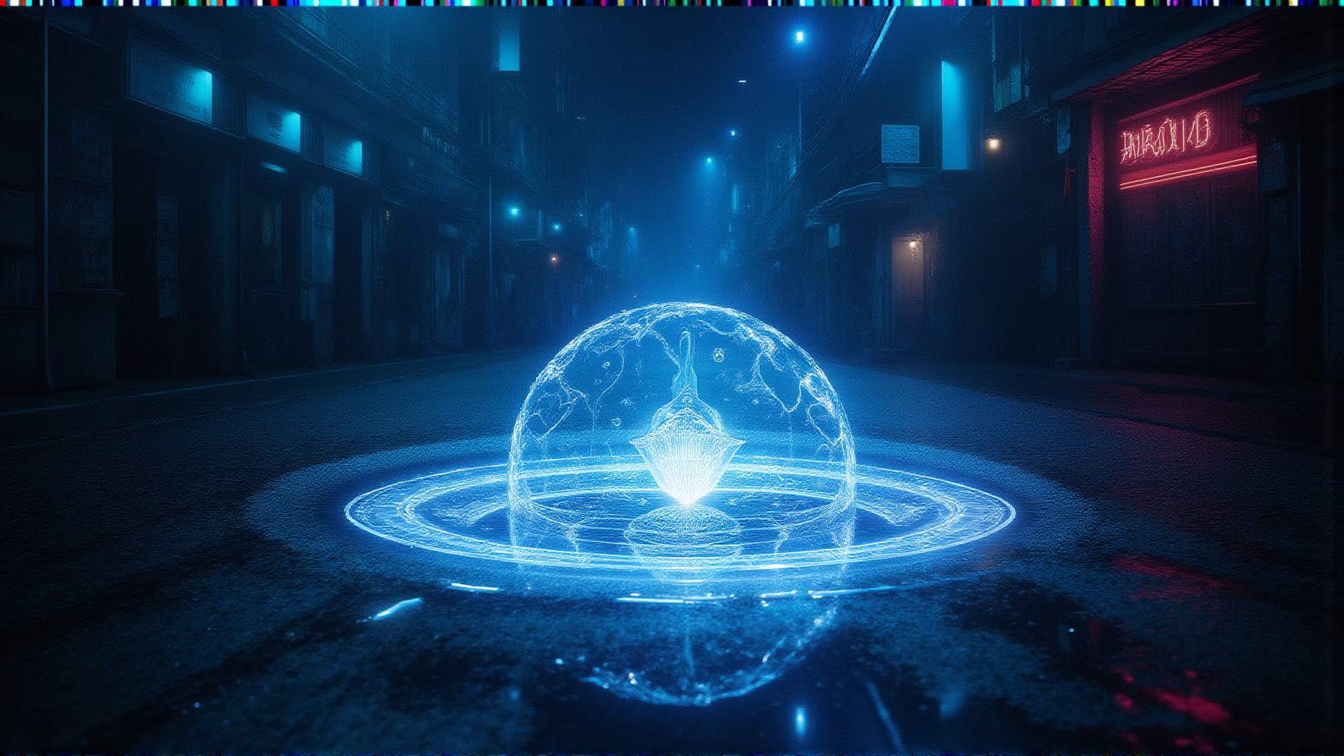 AI generated wallpaper featuring neon globe, digital sphere, street, cityscape, glowing rings, urban, hologram, futuristic, lantern, light