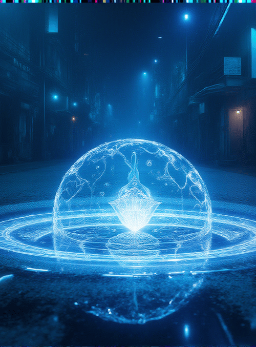 neon globe, digital sphere, street, cityscape, glowing rings, urban, hologram, futuristic, lantern, light