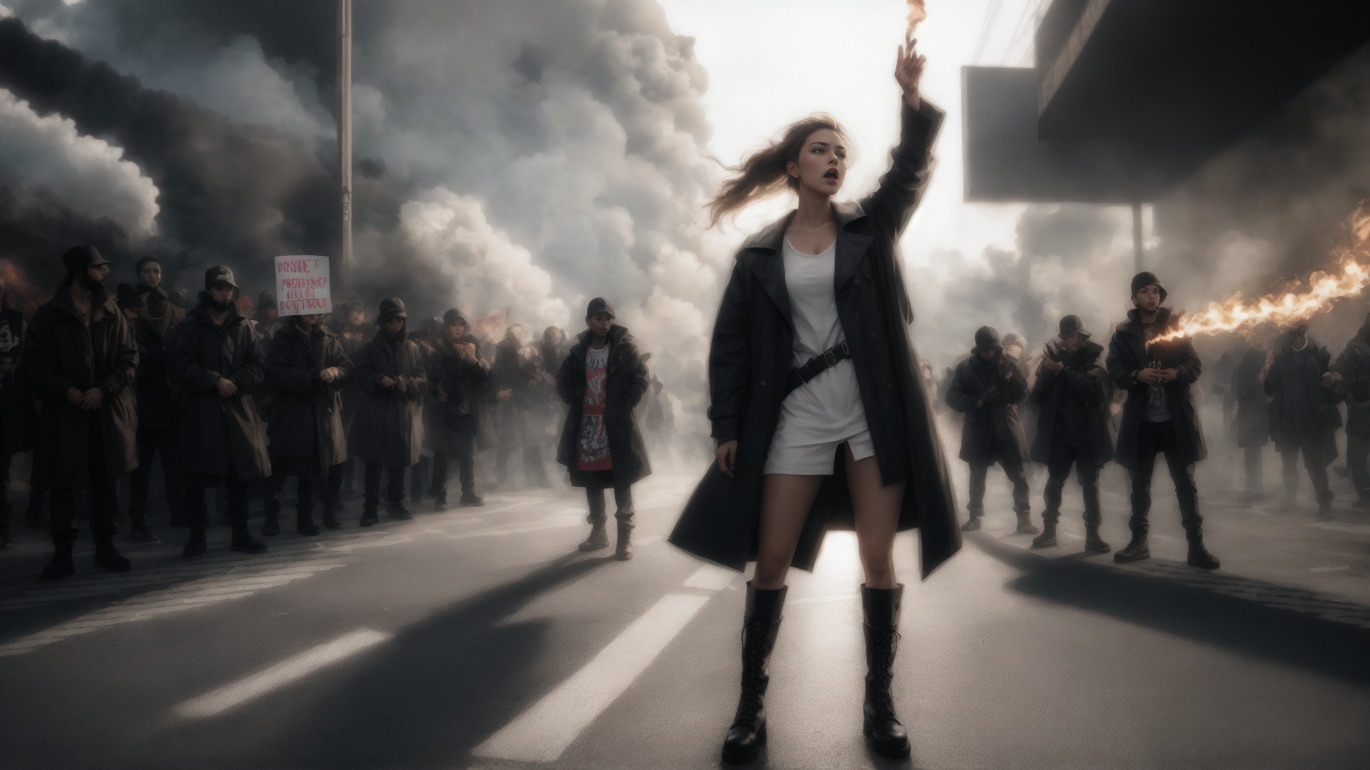 AI generated wallpaper featuring protester, crowd, fire