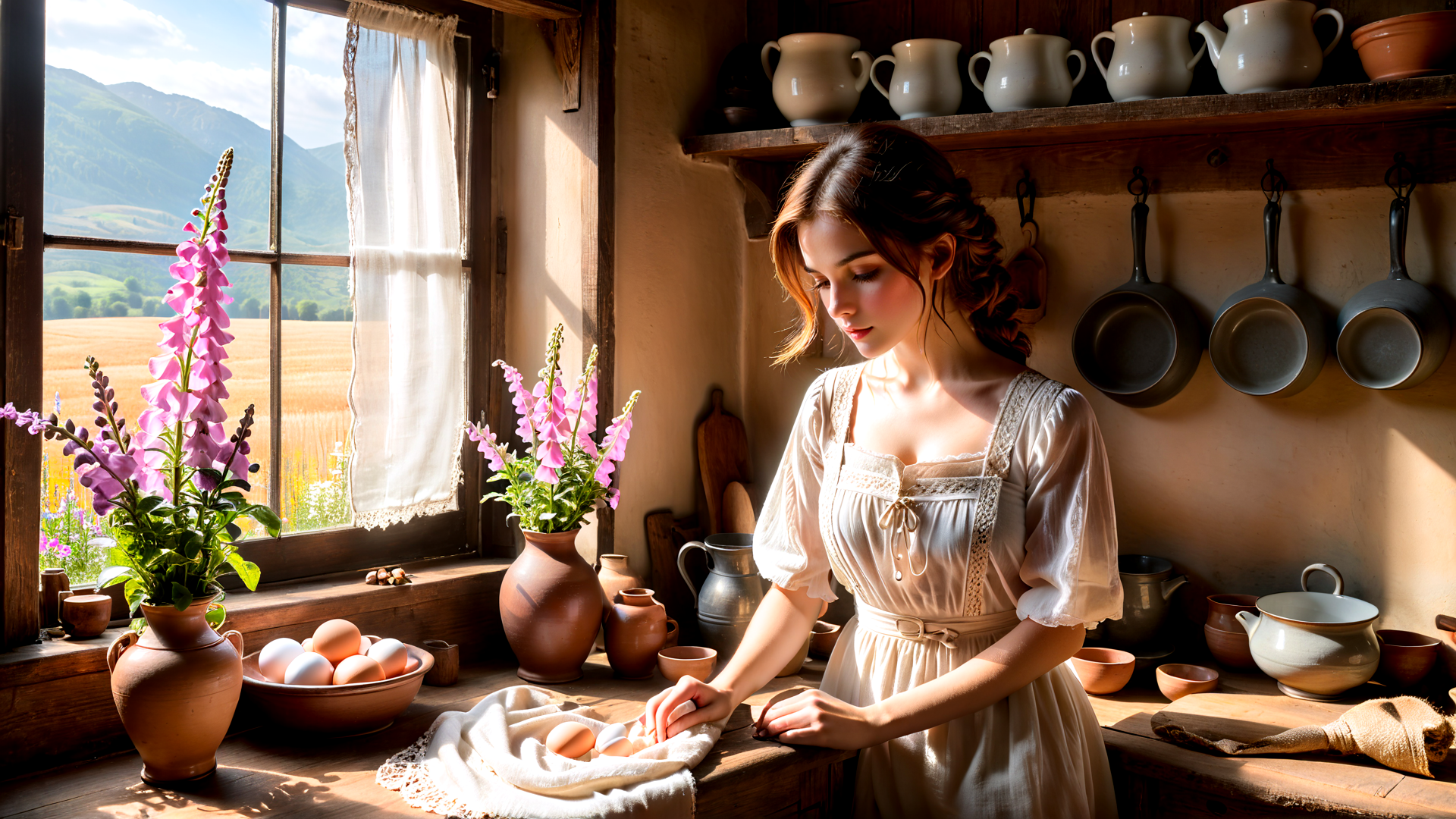 AI generated wallpaper featuring woman, kitchen, eggs, vases, flowers, pans, window, cups