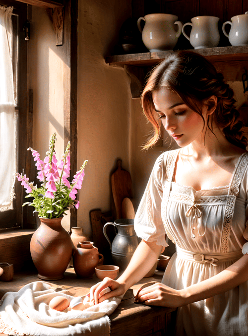woman, kitchen, eggs, vases, flowers, pans, window, cups