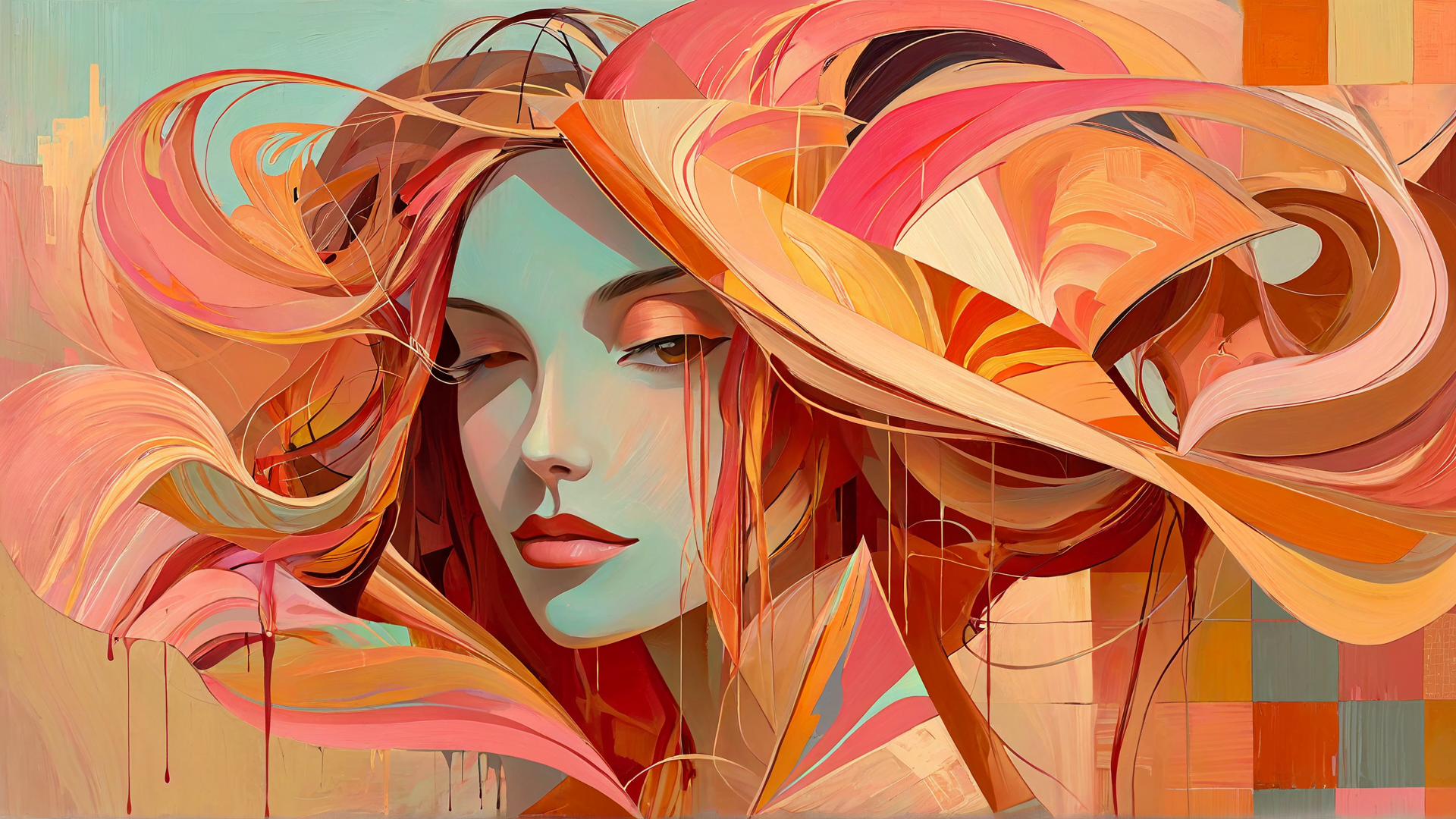 AI generated wallpaper featuring woman, hair, abstract, art, painting