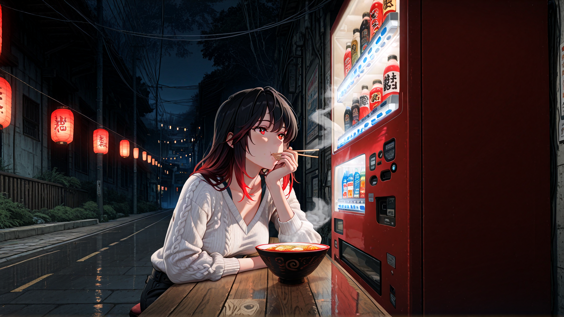 AI generated wallpaper featuring girl, noodle, vending machine, lantern, street, chopsticks, bowl, lamp, red, night
