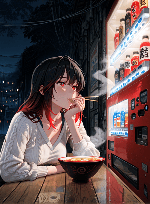 girl, noodle, vending machine, lantern, street, chopsticks, bowl, lamp, red, night