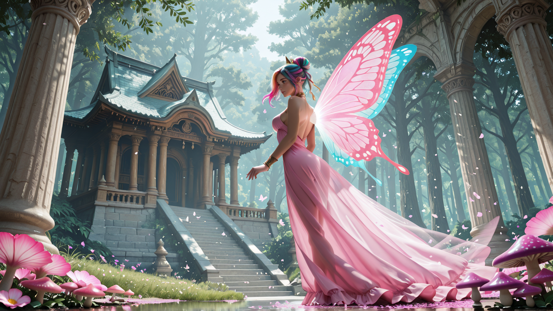 AI generated wallpaper featuring fairy, butterfly, garden, temple, mushroom, column, flower, dress, forest, sunlight