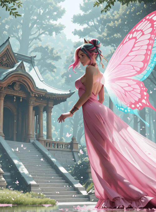 fairy, butterfly, garden, temple, mushroom, column, flower, dress, forest, sunlight
