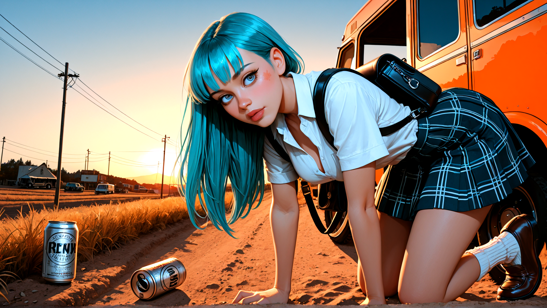 AI generated wallpaper featuring girl, bus, can, road, sunset, plaid skirt, blue hair, school uniform, utility pole, sweater