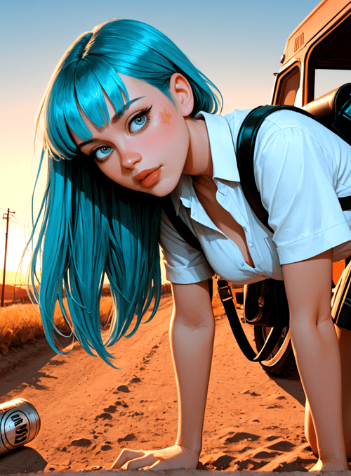 girl, bus, can, road, sunset, plaid skirt, blue hair, school uniform, utility pole, sweater