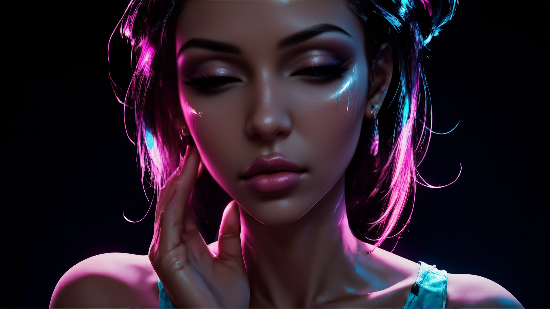 AI generated wallpaper featuring woman, hair, hand
