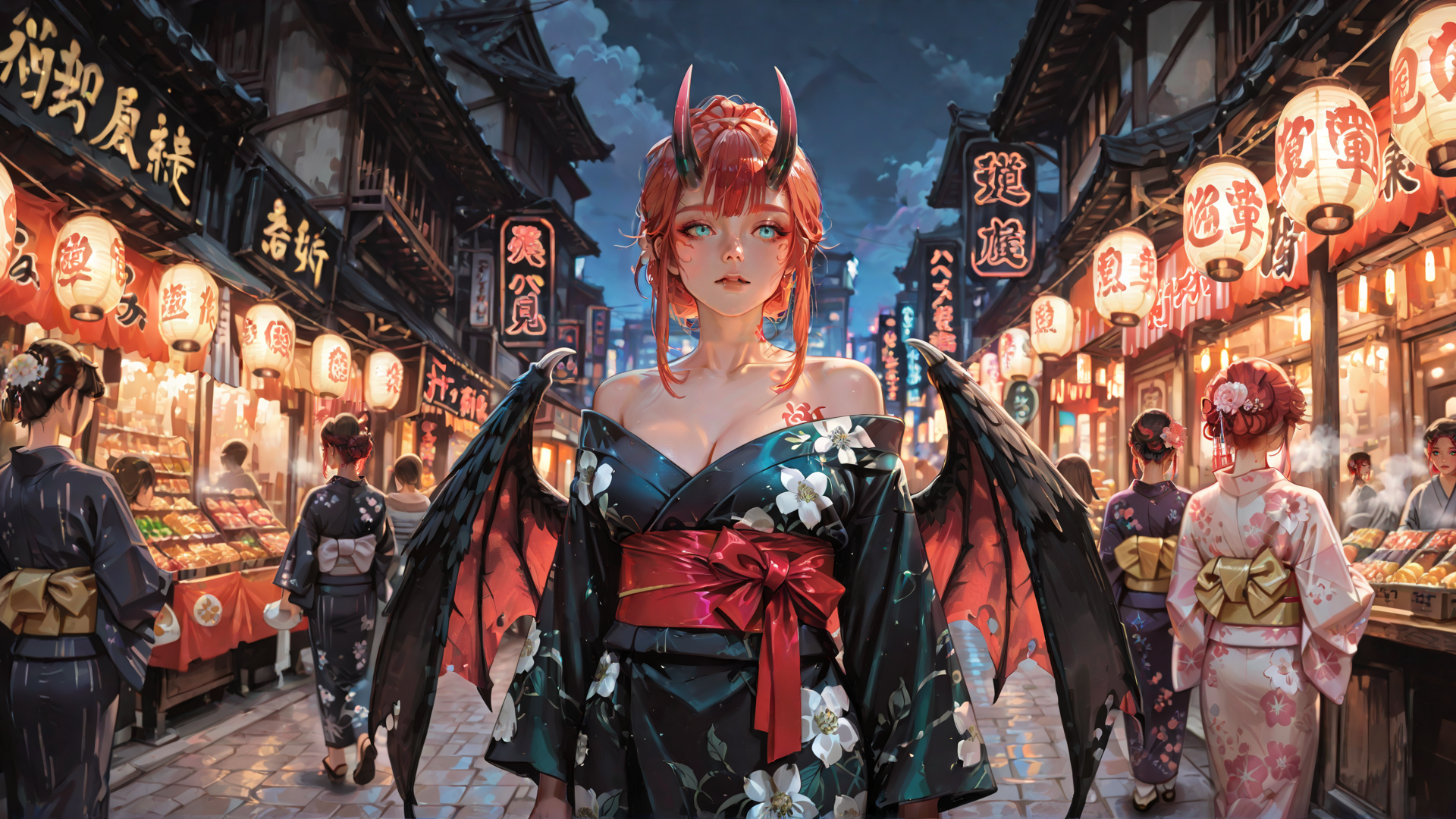 AI generated wallpaper featuring demon, woman, geisha, street, lanterns, kimono, building, crowd, bats, wings