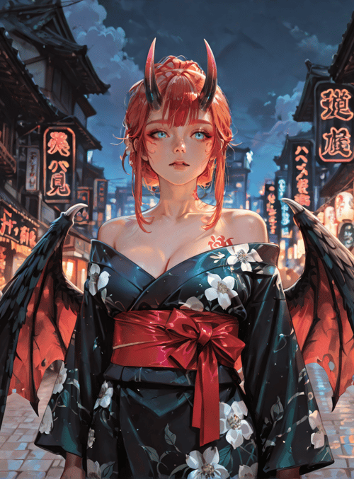demon, woman, geisha, street, lanterns, kimono, building, crowd, bats, wings