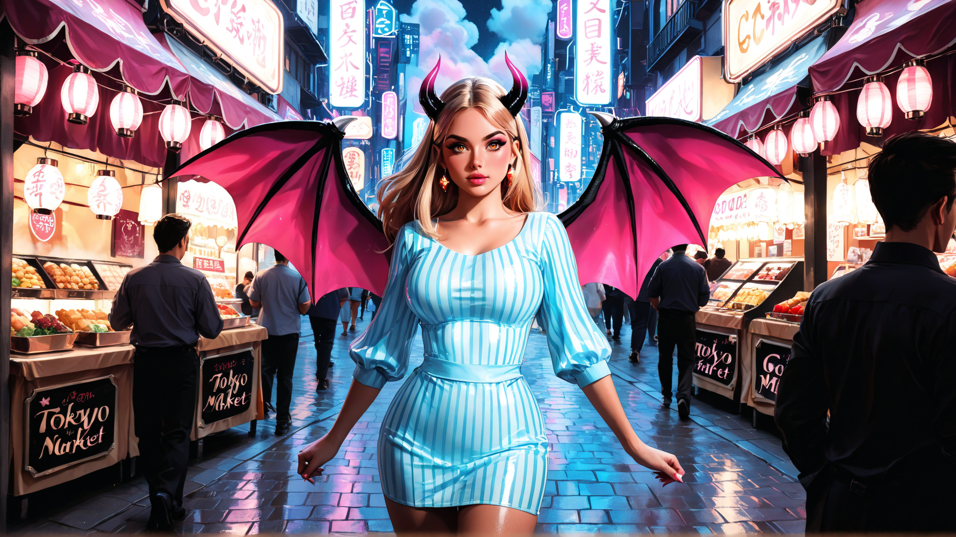 AI generated wallpaper featuring woman, dragon wings, devil horns, market, street, neon signs, lanterns, food stalls, dress, city