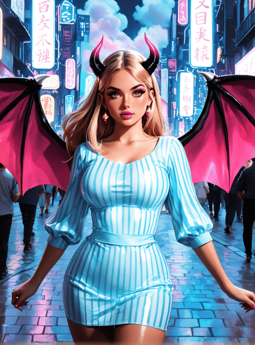 woman, dragon wings, devil horns, market, street, neon signs, lanterns, food stalls, dress, city