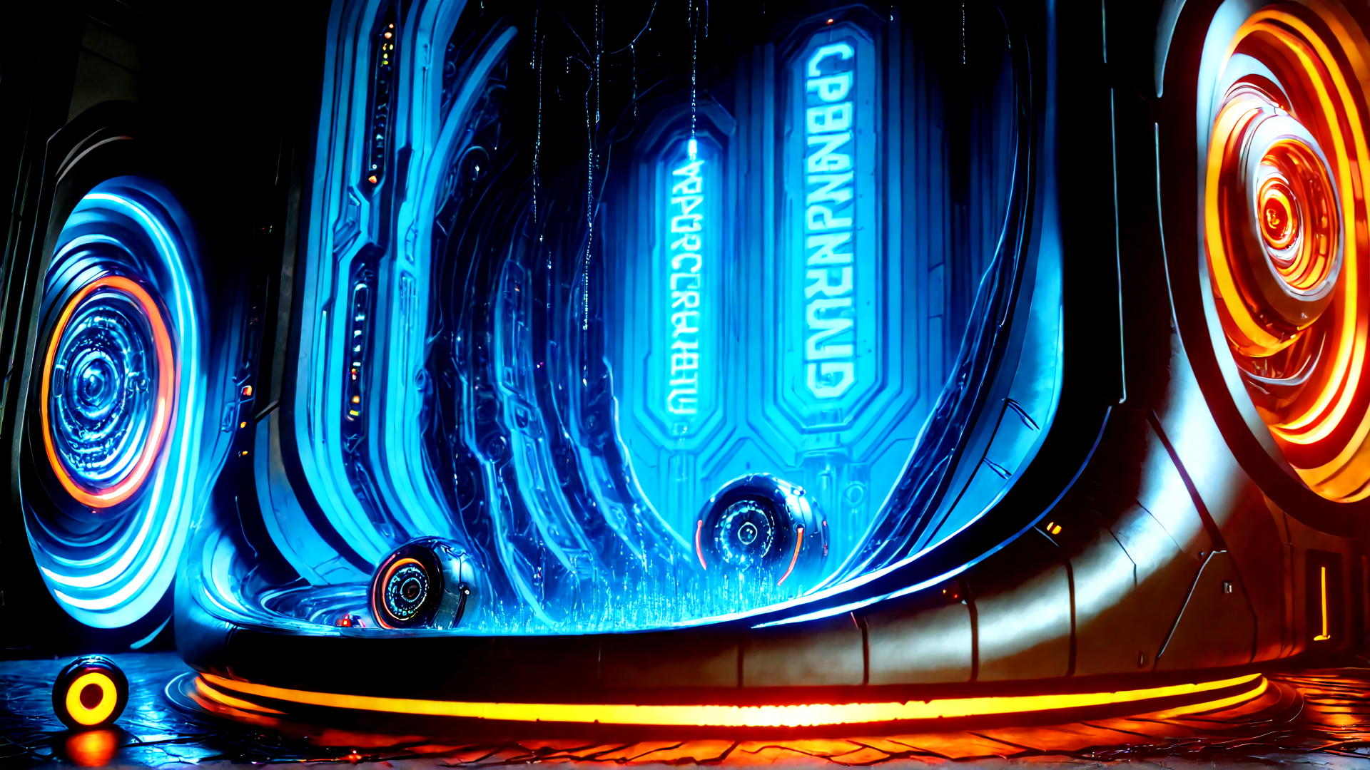 AI generated wallpaper featuring portal, hologram, neon, interface, circular, tech, gears, lens, console, circuit