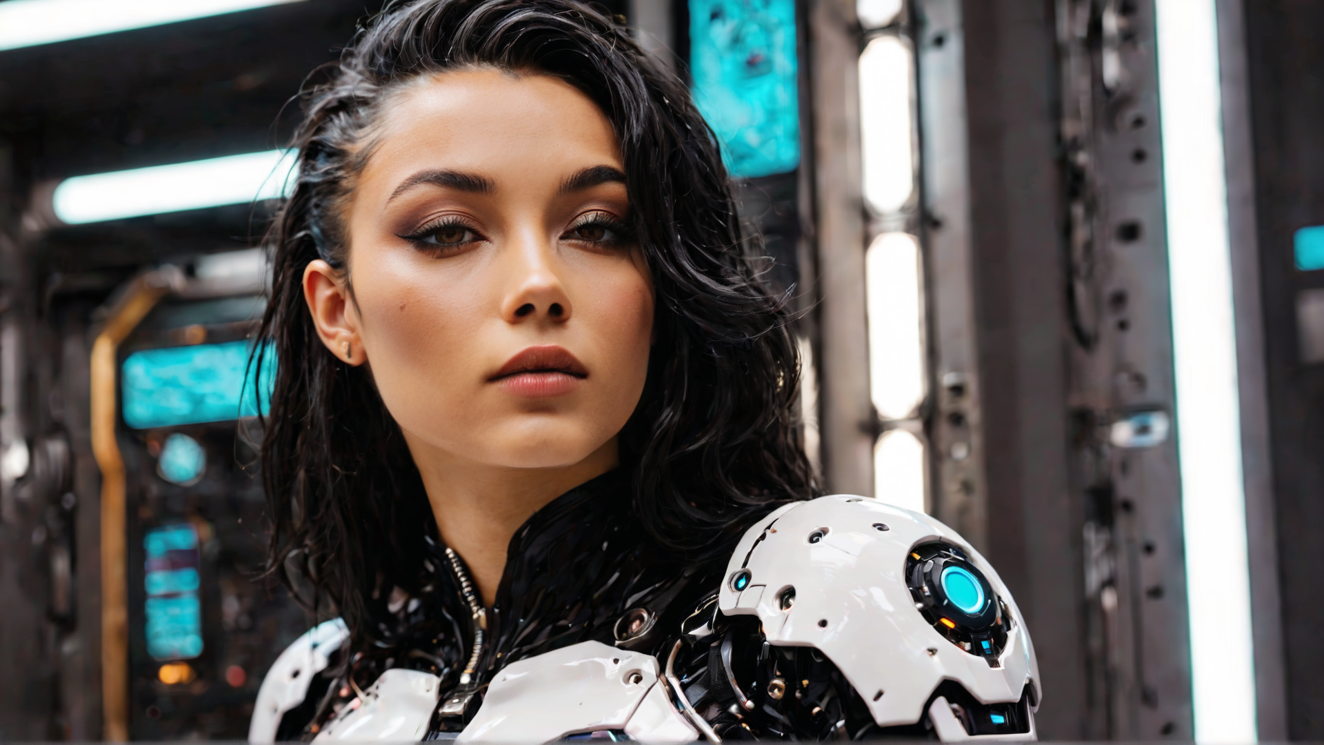 AI generated wallpaper featuring woman, robot, cyberpunk