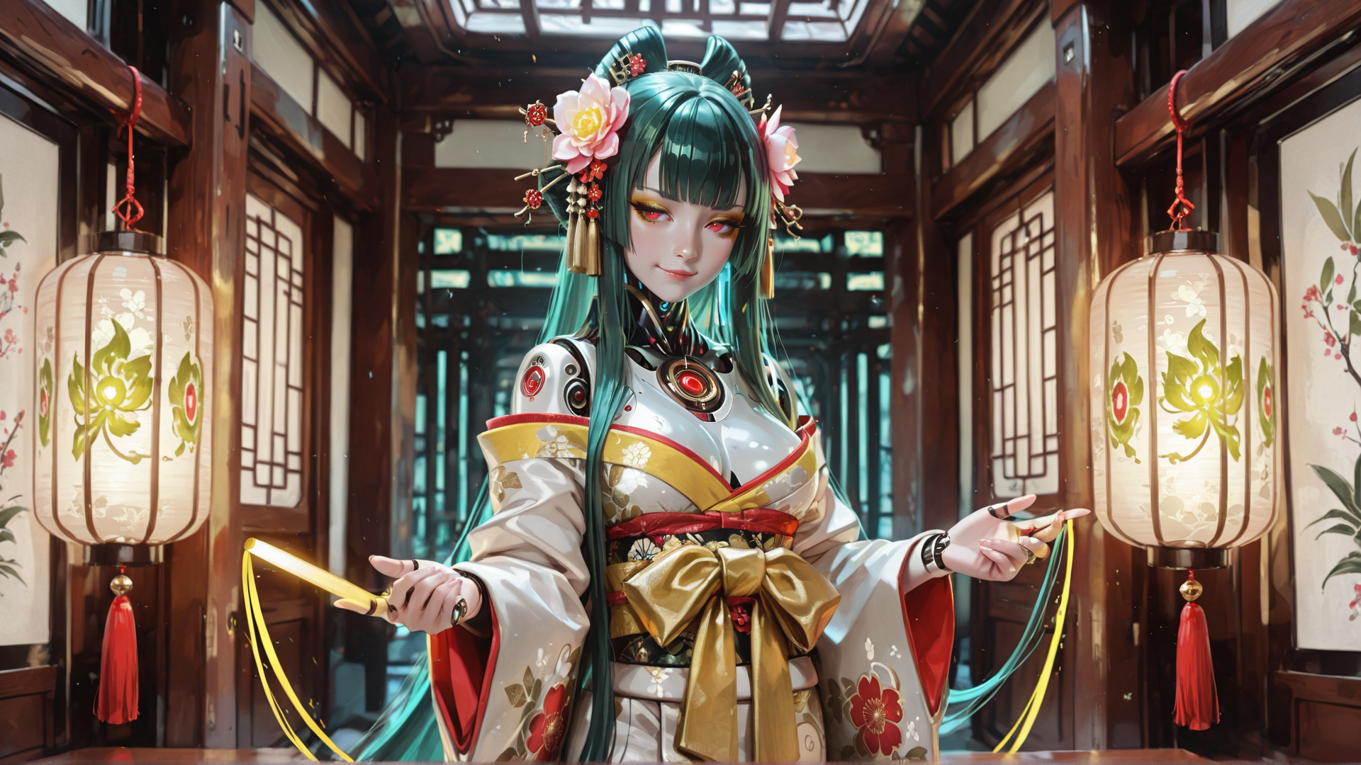 AI generated wallpaper featuring woman, lantern, chinese robe, robotic armor, flower hairpin, sword, bamboo, window, tassel, traditional building