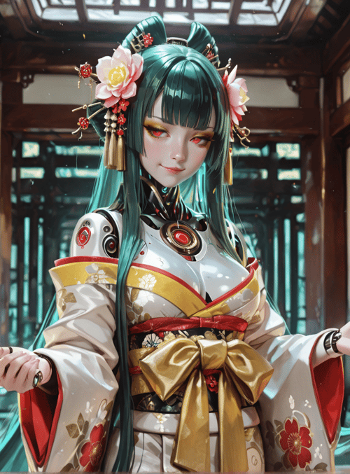 woman, lantern, chinese robe, robotic armor, flower hairpin, sword, bamboo, window, tassel, traditional building