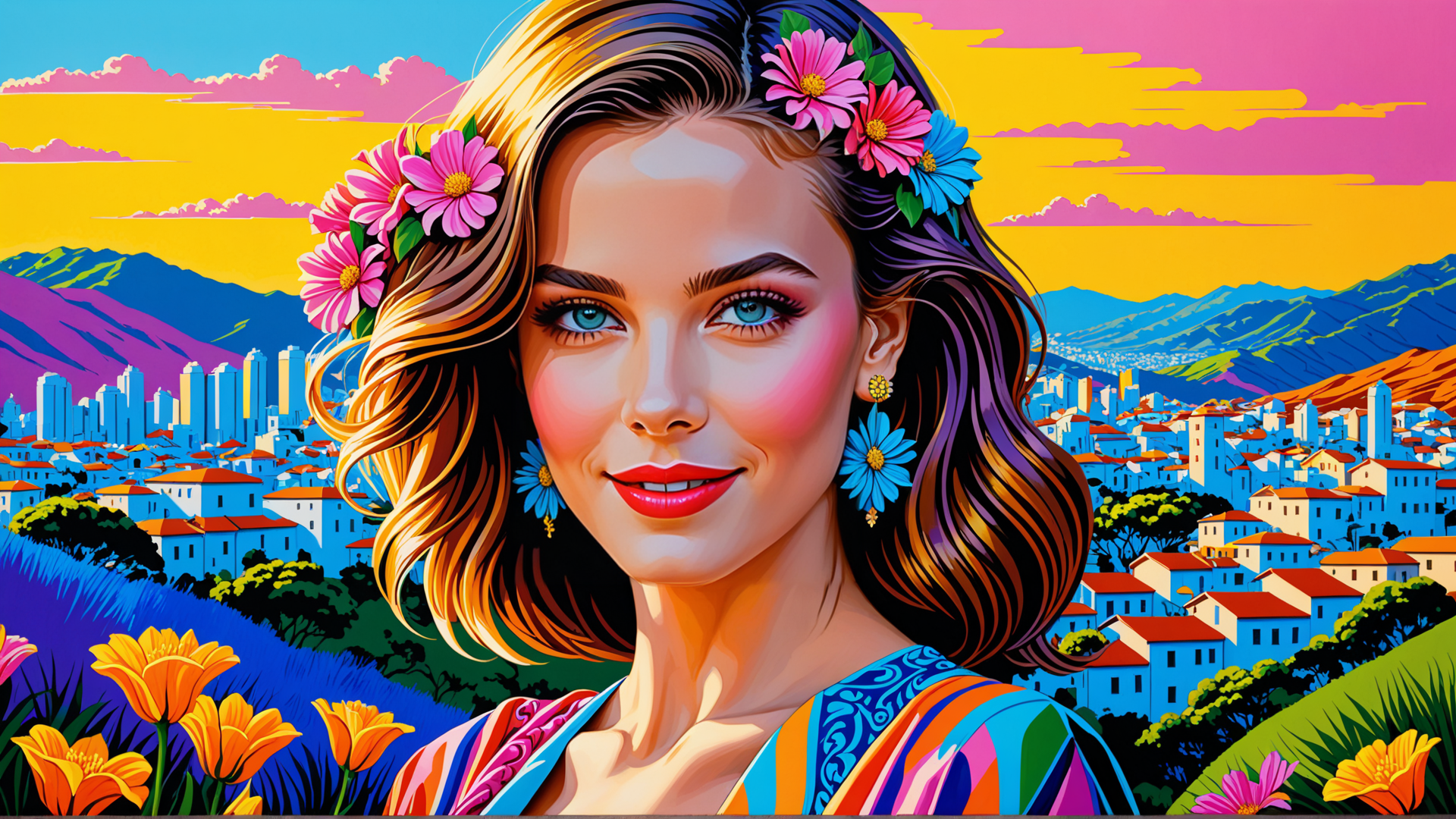 AI generated wallpaper featuring woman, flowers, cityscape, mountains, sky, earrings, hair, dress, tulips, building