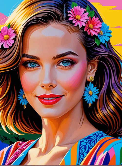 woman, flowers, cityscape, mountains, sky, earrings, hair, dress, tulips, building