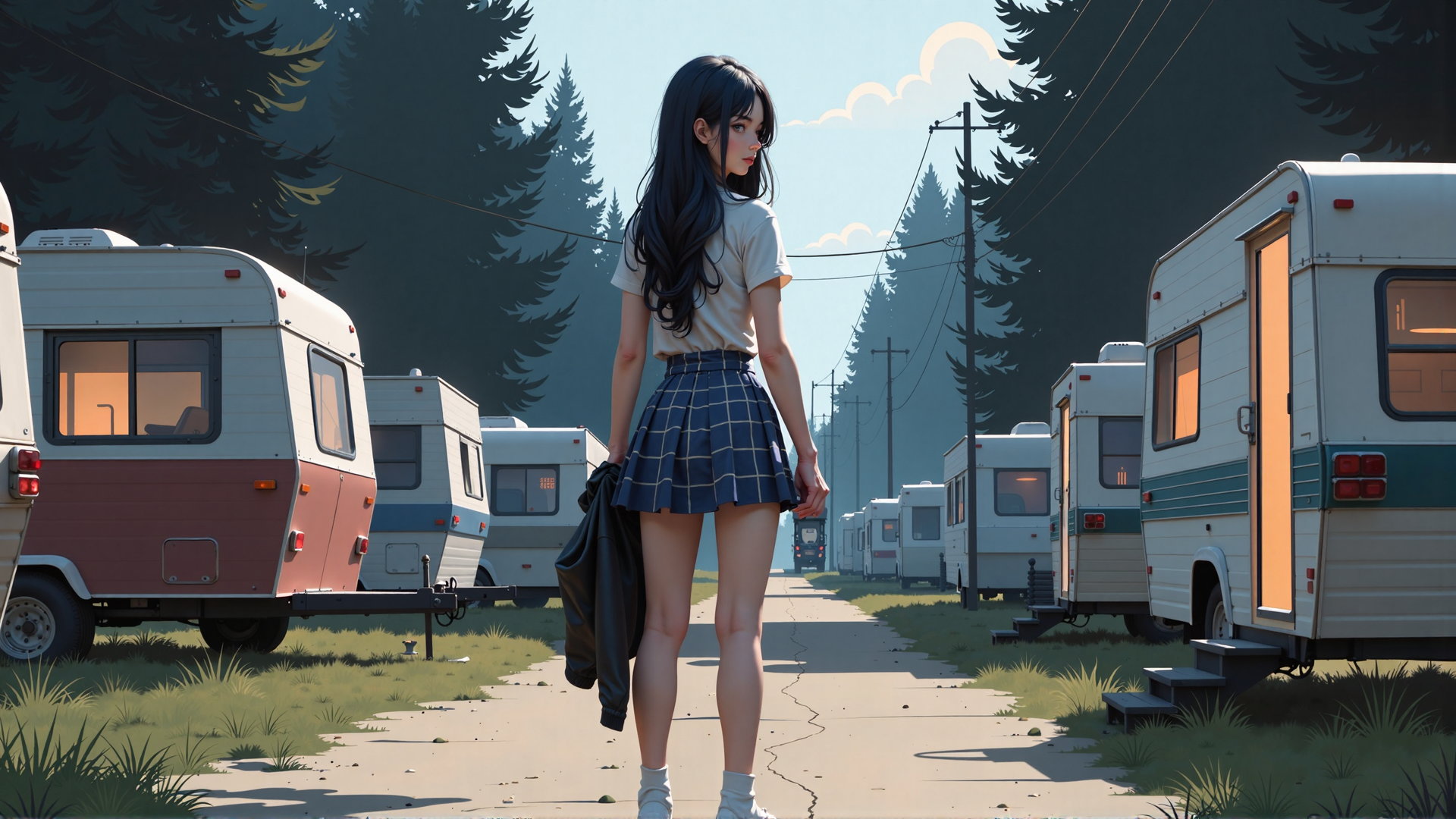 AI generated wallpaper featuring girl, camper, caravan, road, trees, jacket, skirt, shoes, street, power line