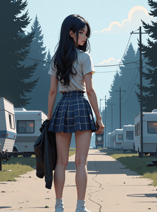 girl, camper, caravan, road, trees, jacket, skirt, shoes, street, power line
