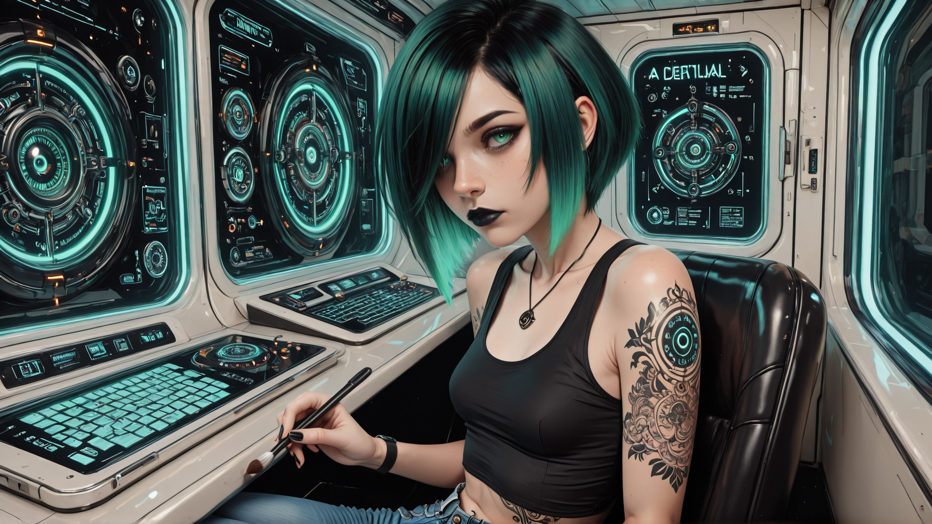 AI generated wallpaper featuring woman, tattoo, computer, screen, chair, brush, hair