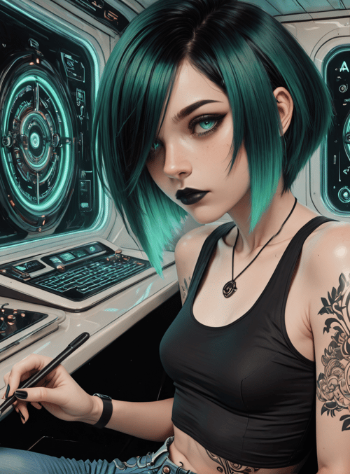 woman, tattoo, computer, screen, chair, brush, hair