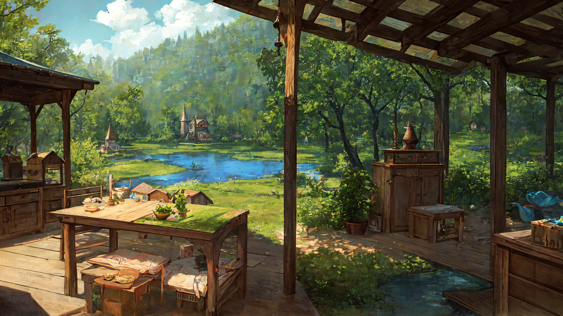 AI generated wallpaper featuring wooden deck, table, cabin, forest, river, house, trees, plants, river, boat